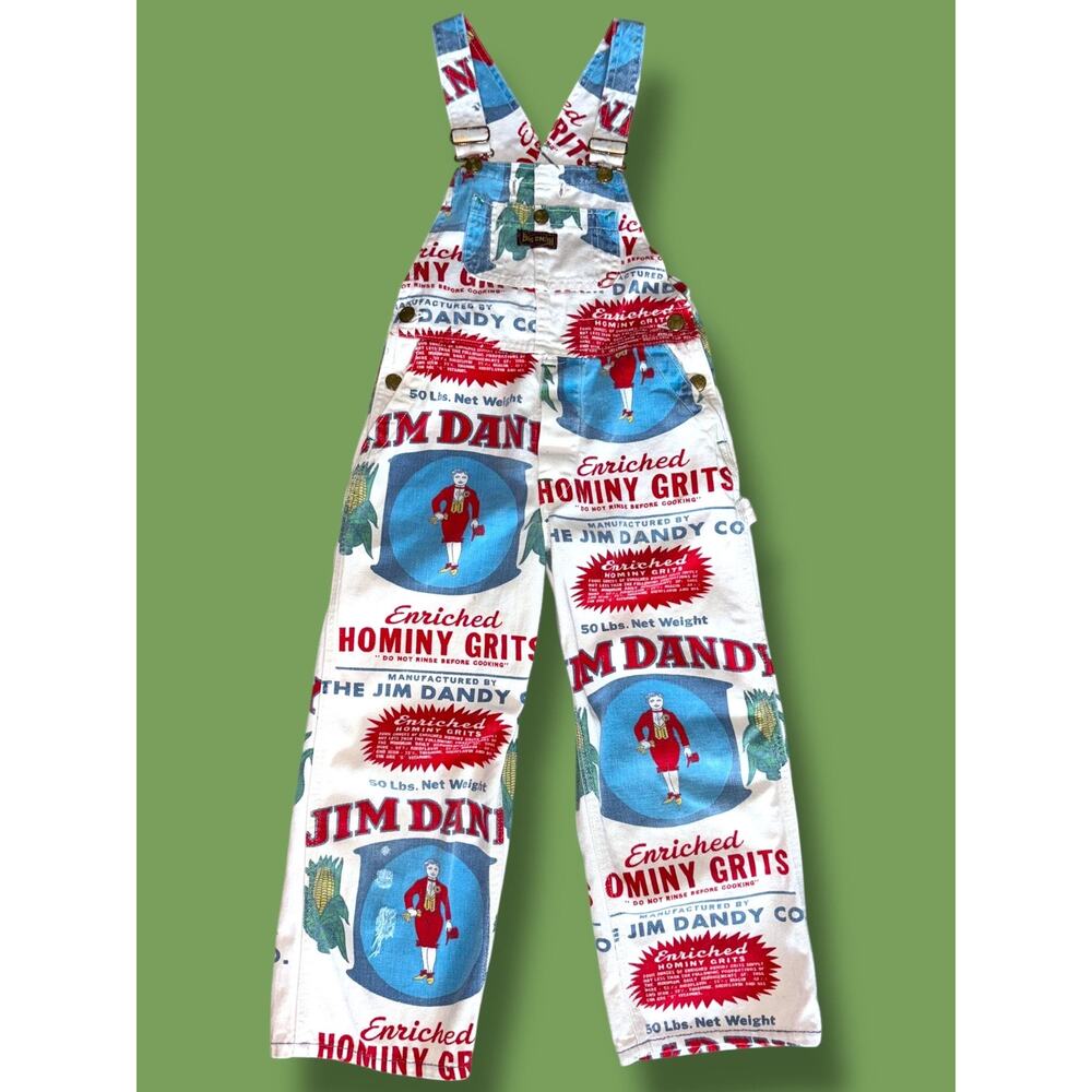 VTG Big Smith Kids Overalls Jim Dandy Hominy Grits Sack Print Approx. 6-7 years